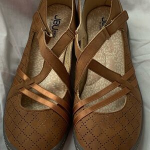 JBU Women's Tan Brown Mary Jane Flats with Cross Straps